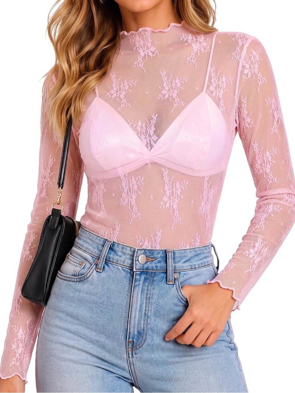 Brand New! Sheer Lace Mock Neck Long Sleeve Top - Pink - (Size: XL)